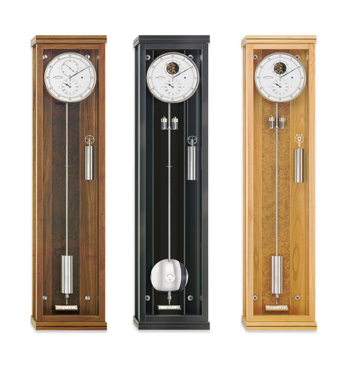 Die drei Mechanica M3 Holzvarianten mit unterschiedlichem Zubehör